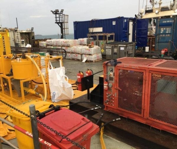 Hydraulic Grout Pump & Mixer on an active work site. These hydraulic grout pump and mixer systems can be hired through our Perth office.