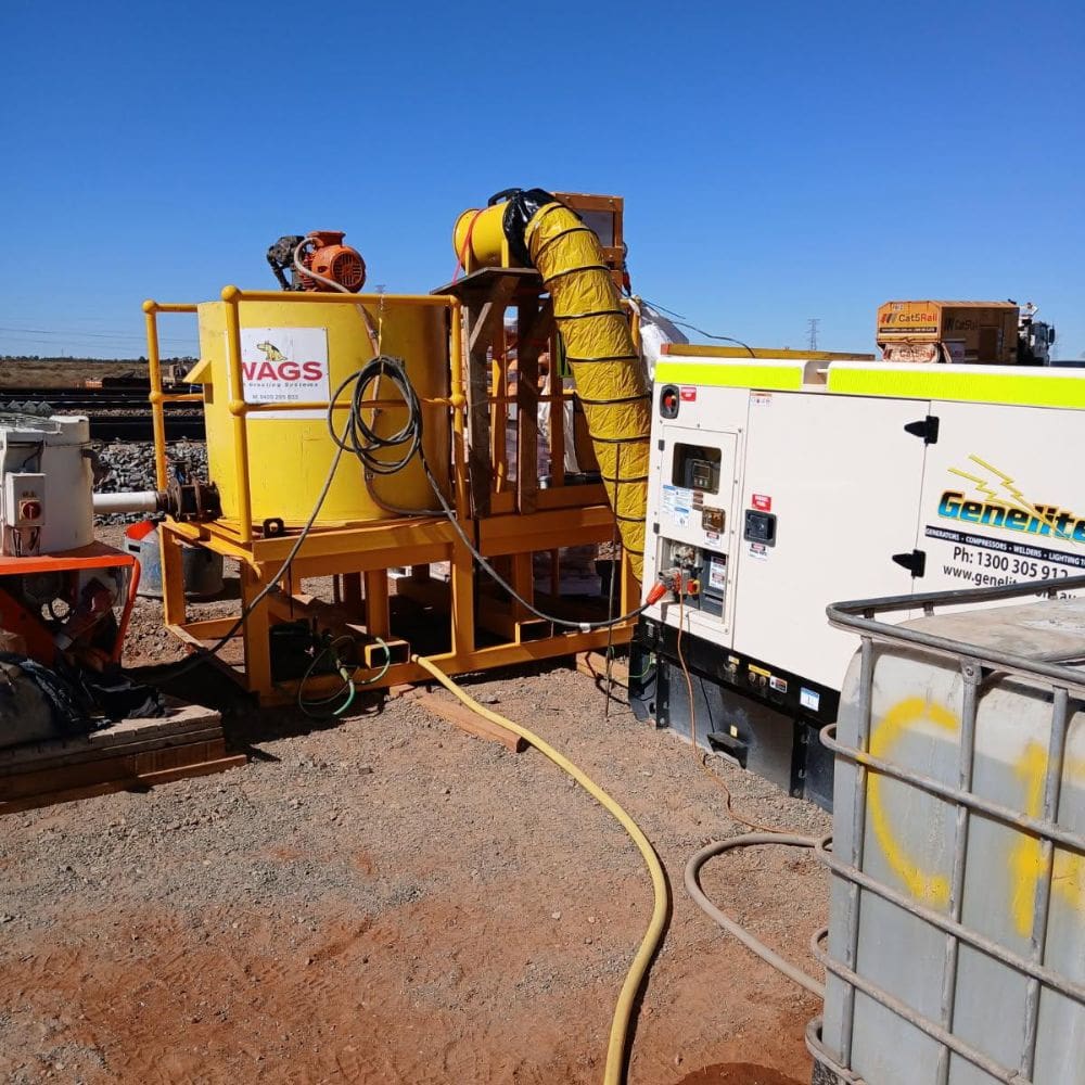 Rear view of a WAGS 1000 litre poly mixing system installed onsite.